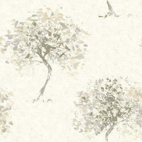 Beige Tree Wallpaper Hand Painted Effect Silver Metallic Shimmer Beacon Fell (1/3)