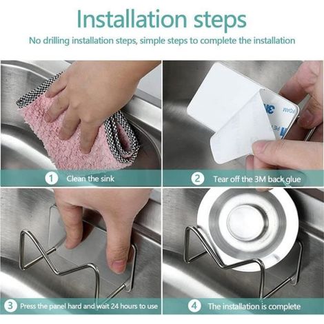 Porte-éponge - Acier Inoxydable - Support sans Perçage - 3pcs - Design Drainant - Facile à Installer (1/4)