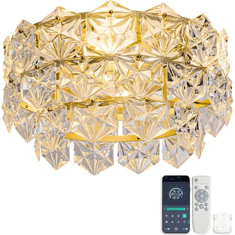 Ventilador de techo con luz y cristal dorado 50 cm, 6 velocidades, control App y mando (1/5)