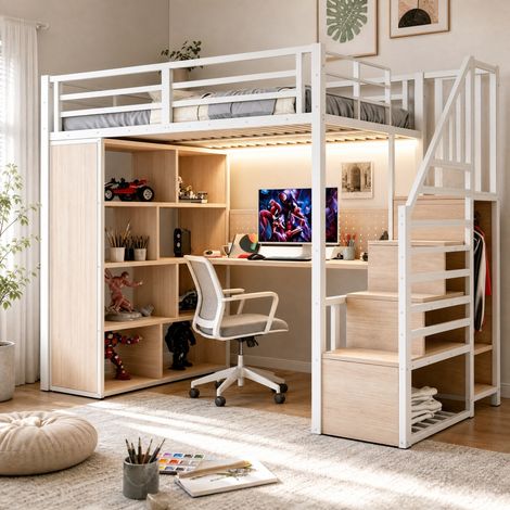 Metall-Hochbett 90 x 200 cm mit Schreibtisch, Schrank, LED und EU-Steckdosen, Weiß (1/5)
