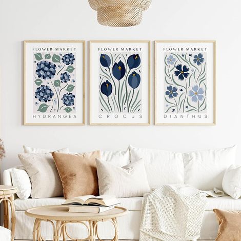 Générique Lot de 3 affiches haut de gamme, impressions sur toile florales bleues, art mural bohème abstrait moderne, impressions d'art sans cadre, tableaux pour salon et chambre (20 x 30 cm) (1/4)