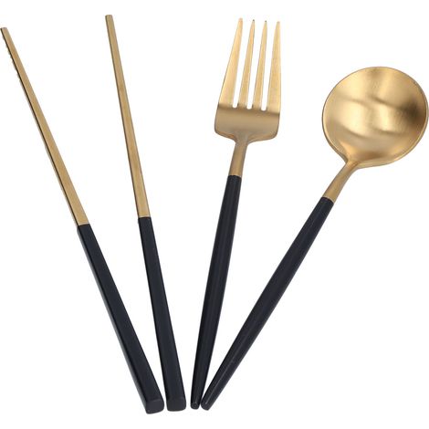 Set de couverts de voyage en acier inoxydable, cuillère, fourchette et baguettes noires et dorées pour étudiants, boîte de rangement noire incluse, 3 pièces (1/5)