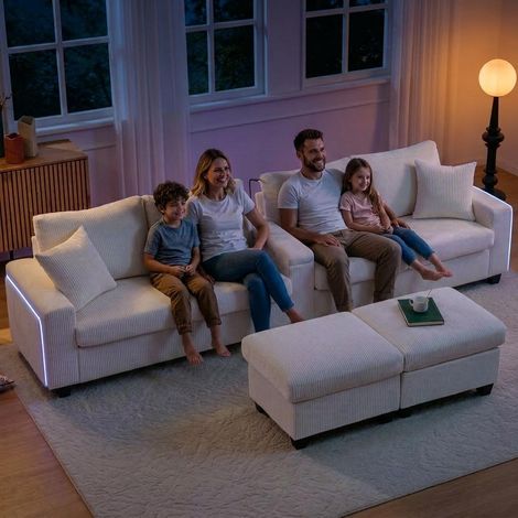 Canapé U en velours côtelé beige [9906], 2 tabourets inclus. Équipé de lampe de lecture, étagère pliante, porte-gobelet, ports USB/Type-C et éclairage LED sur accoudoirs. Dimensions 334×128,5×81 cm, i