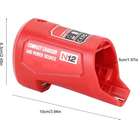 Cargador USB portátil para Milwaukee M12, material ABS rojo, dimensiones 10 x 6,3 x 5 cm, conexión USB y CC de 2,1 A (1/5)