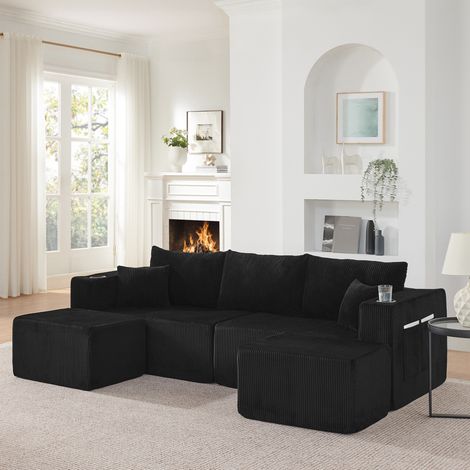 Divano angolare modulare 3 posti 230 x 138 x 75 cm, tessuto a corda nero OKMYHOME (1/5)