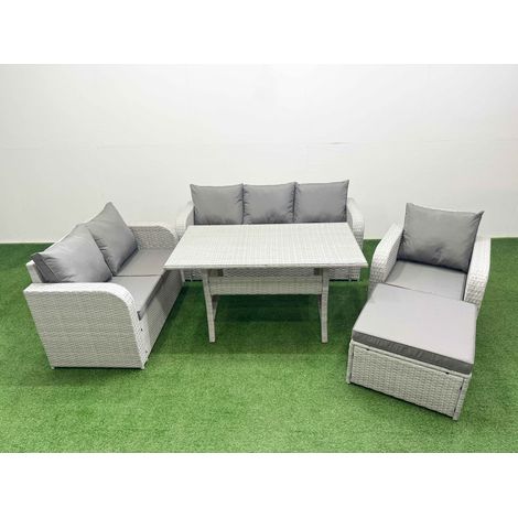 Fimous Patio PE Wicker 7 Seater Outdoor Rattan Furniture Sofa Sets with Rectangular Dining Table Reclining Chair Loveseat Sofa 3 Seater Sofa Big Footstool Light Grey (1/4)