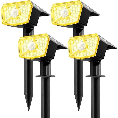 Spot Solaire Exterieur Detecteur de Mouvement, Lot de 4 Lampe Solaire Exterieur Jardin Puissante 104LED 3 Modes, Lumiere Solaire Exterieur Étanche IP65, Eclairage Exterieur Solaire Blanc Chaud (1/5)