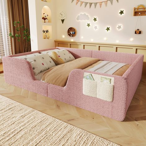 Cama infantil tapizada con barandillas y bolsa rosa OKMYHOME (1/5)