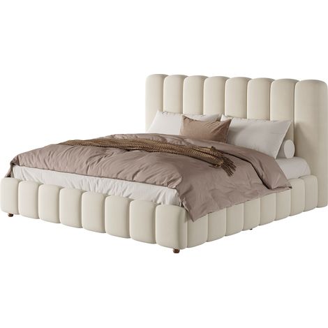 Polsterbett 160 x 200 cm aus Samt, Doppelbett mit Kopfteil und Bettkasten, ohne Matratze, Beige (1/5)