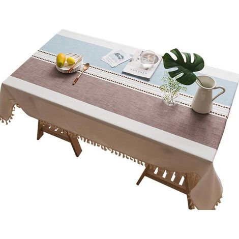 Nappe rectangulaire à pompons, en coton épais et lin, nappe anti-poussière pour cuisine et salle à manger, en coton épais et lin (1/5)
