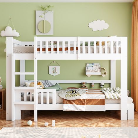 Litera modular de 90x200 cm para niños de madera maciza con somier de láminas - cama alta convertible blanca (1/5)