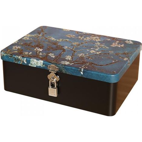 Boîte de rangement vintage en métal avec serrure, rangement de bureau, boîte à bijoux (fleur d'abricotier) (1/3)