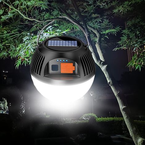Lanterne solaire de camping, lampe de poche LED rechargeable par USB, lumière d'urgence résistante à l'eau, 3 modes, pour pannes, jardin, pêche, randonnée (noir) (1/5)