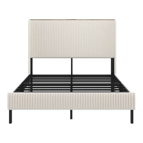 Bettrahmen gepolstertes Plattformbett mit Stoffköpfchen, Flügelkantendesign/Nicht-Rutsch- und Rauschfreien/Metalllatten/No Box Spre