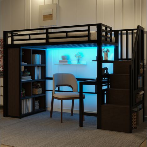 Lit mezzanine 90 x 200 cm en métal et MDF noir avec bureau, étagères, escalier avec rangement et bande LED réglable par application – de FLORAGRACE (1/5)