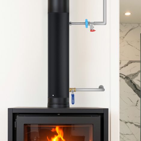 Wolketon Tubo camino Ø12 con serpentina in acciaio inox altezza 52,5 cm set completo con rubinetto a sfera Efficiente scambiatore di calore per acqua calda e supporto al riscaldamento (1/5)