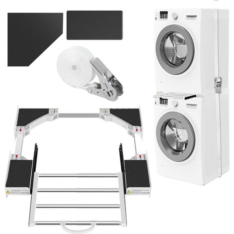 Kit de Superposition Lave Linge Seche Linge Support Machine à Laver Réglable 46-72cm Kit de Superposition Universel avec Tablette Coulissante et Corde de Sécurité de 6 m (1/5)