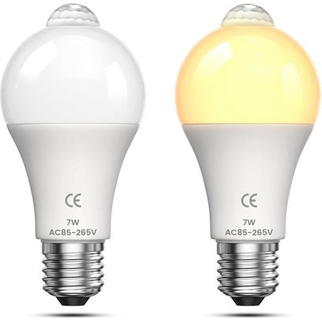 Ecleanfy - 7W E27 PIR Infrarouge Ampoule LED avec Détecteur de Mouvement ON/OFF Automatiquement A60 220V 700lm Lot de 2,Blanc Chaud 2700k (1/3)