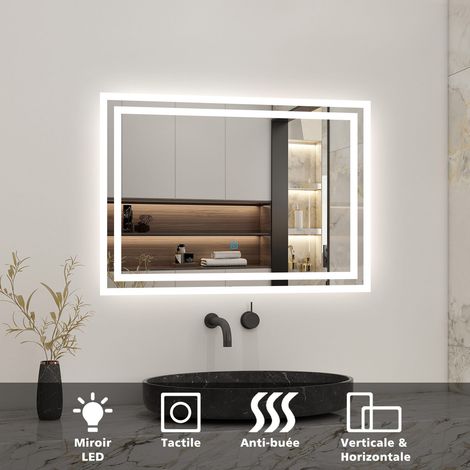 Miroir de salle de bain led tactile, 60cm x 50cm rectangulaire illumination LED intégrée avec fonction anti-buée Horizontal/Vertical Blanc froid