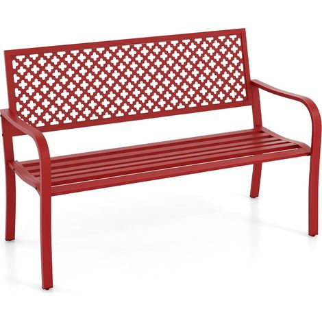 COSTWAY Banc de Jardin à 2 Places, Banc d'Extérieur avec Cadre en Acier et Accoudoirs Incurvé, Chaise de Patio avec Dossier Ajouré & Siège à Lattes, Charge 300 KG, pour Jardin, Terrasse, Parc (Rouge) (1/5)