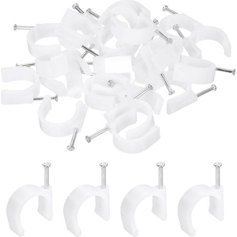 50pcs Attaches De Câble Avec Clou 25mm Circulaire Simple Demi-Serrage Crochet-J Avec Clou Fixations De Câble Pour Fils Sur Mur Pour Ethernet Clous Coax Support De Tube PEX, Blanc (1/5)
