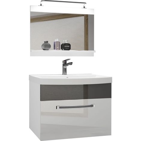 BELINI Meuble de Salle de Bain Lavabo Inclus, Meuble sous-Vasque et Miroir de Salle de Bains Largeur: 60 cm Kit d'éclairage Inclus Couleur : Blanc très Brillant/Argent très Brillant (1/4)