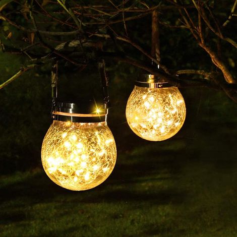 Set of 2 outdoor solar lanterns in crackled glass - Waterproof LED hanging lights for pathways, patios, pools, trees, yards, Christmas garden decorations (1/5)