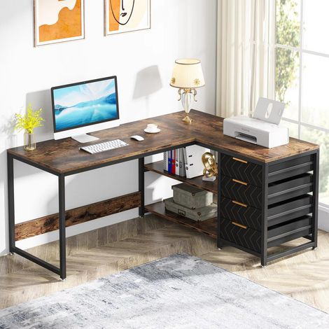 Bureau en L 59 pouces – bureau d’angle réversible gauche/droite – bureau d’ordinateur avec tiroirs de rangement – pour étude et bureau,Chocolat