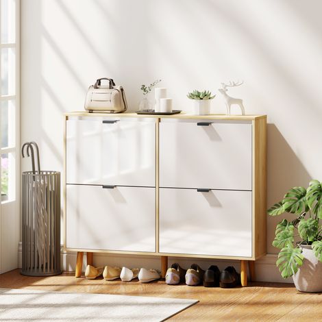 Schuhschrank, schmaler Schuhschrank, 4 Klappschubladen, Hochglanztür, 105 x 24 x 92,5 cm, weiß