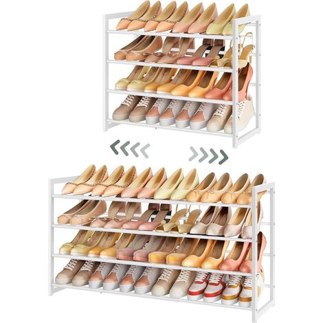 Étagère à Chaussures Extensible à 4 Niveaux, Rangement Ajustable pour Chaussures, en Métal, réglable, Peu encombrante, Robuste, pour Entrée, Placard, Assemblage Facile, Blanc (1/5)