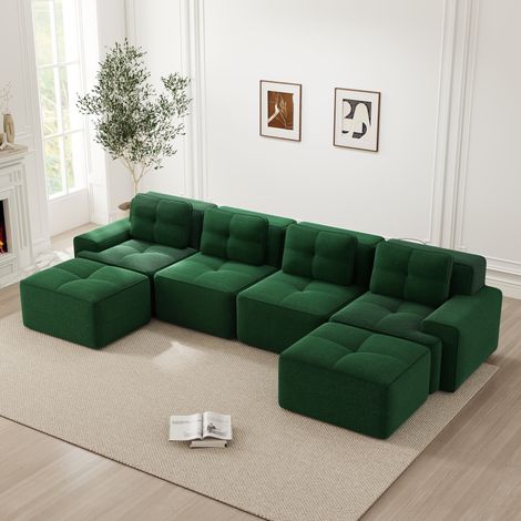 Divano modulare 4 posti verde in velluto a coste con chaise longue a U, seduta profonda e design antiscivolo (1/5)
