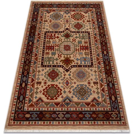 Alfombra de lana KESHAN franjas, Ornamento oriental 6668/53555 beige / burdeos  beige 80x145 cm