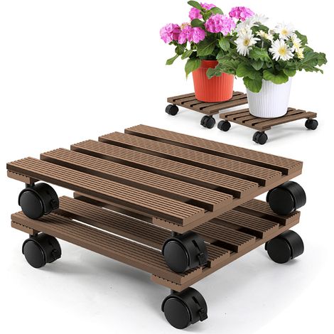 Randaco 2X WPC Pflanzenroller 30cm, Blumenroller Tragkraft 80 KG, Rolluntersetzer mit Rollen, Kübelroller für Pflanzen, Blumentopf(Eckig, Braun)