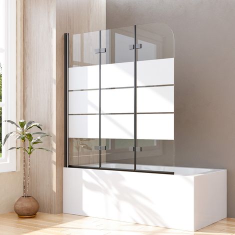 Schwarz Duschwand für Badewanne 140x140 cm Badewannenaufsatz 3-teilig Duschtrennwand für Badewanne Duschwand Badewanne Faltwand Duschabtrennung Badewanne, 6mm ESG Glas mit Milchglas Streifen