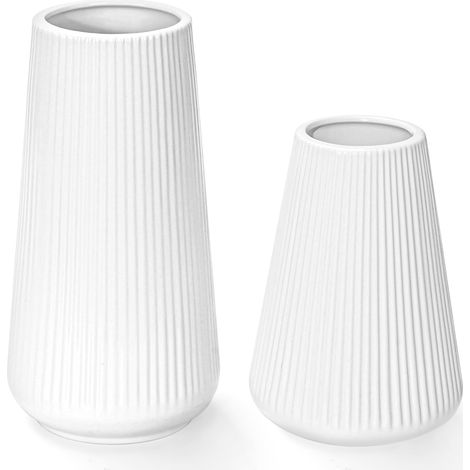 Lot de 2 vases en céramique avec rainures – Vase blanc mat pour herbe de la pampa et décoration bohème – Moderne pour la maison et le couloir (1/5)