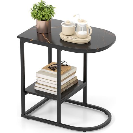 COSTWAY C-shaped End Table Modern Sofa Side Table w/Faux Marble Tabletop-Black (1/5)
