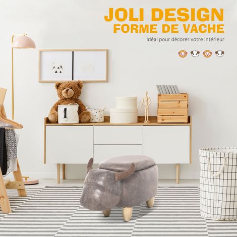 HOMCOM Tabouret vache coffre rangement 2-en-1 hévéa daim marron