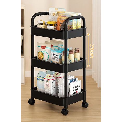 FLITI 3-tier plastic storage trolley with wheels, dimensions L37 x W25 x H72 cm, ideal for kitchen, bathroom, available colours: black, blue, white and yellow, optimal use of narrow spaces, rectangula (1/5)