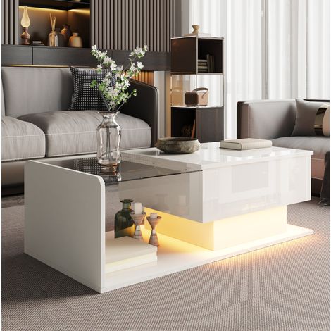 Couchtisch höhenverstellbar 100x50x33/47,5 cm Weiß Hochglanz mit LED, Glas, Stauraum MEUBLIV (1/5)