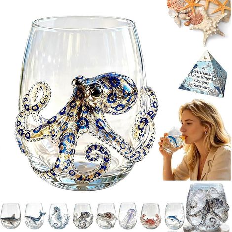Verre à vin 3D sans pied artisanal en forme de pieuvre à anneaux bleus verre de bar original motif animal marin (1/5)