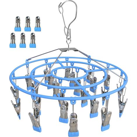 étendoir à linge en acier inoxydable avec 24 clips, crochet rond pivotant coupe-vent robuste pour sécher les serviettes, soutiens-gorge, chaussettes, lingerie, vêtements de bébé (bleu) (1/5)