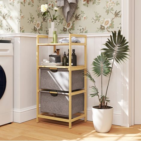 Meuble de rangement pour salle de bain avec 2 paniers à linge en tissu, bambou naturel HAVRYA (1/4)
