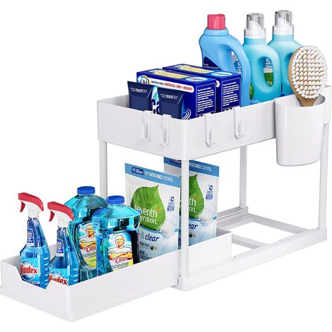 Skecten – Organisateur sous évier extensible 40x22x30.5cm – Acier inoxydable et plastique ABS – 4 crochets latéraux – Drainage rapide et anti-moisissure