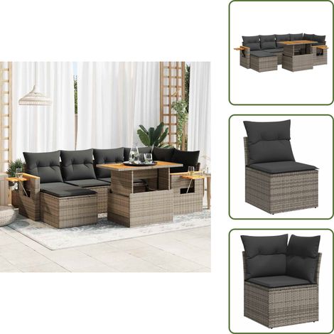 The Living Store 7-tlg. Garten-Sofagarnitur mit Kissen Grau Poly Rattan Akazie - Gartentisch (1/5)