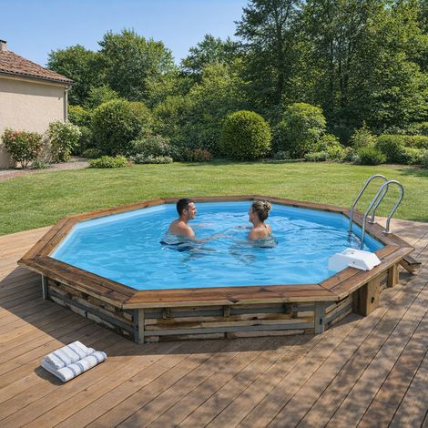 Piscine bois WATERCLIP octogonale Ø460x111 cm LEYTE – filtration incluse – échelle inox bois – montage rapide 2h