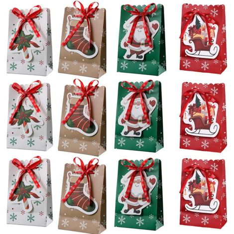 Weihnachtsgeschenktüten mit Schleife, 18,3 x 11,9 cm, 12er-Pack, mit 4 hübschen Weihnachtsmotiven, Geschenkboxen für Weihnachtsfeiern, Geschenkverpackung