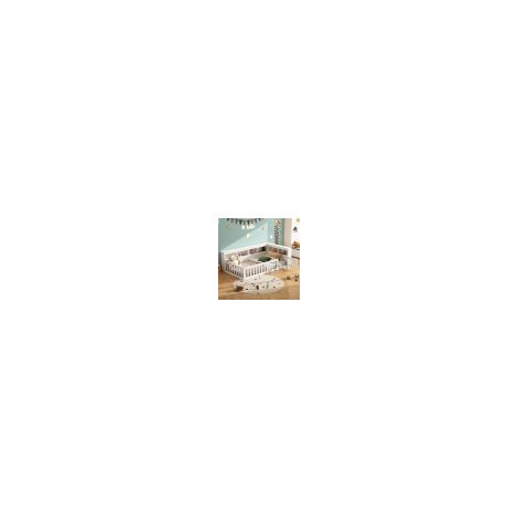 Lit enfant 90x200 cm, compartiments de rangement, sommier à lattes, barrière de sécurité, prise électrique et port USB, sans matelas, blanc