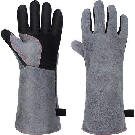 Guanti da barbecue in pelle spessa, ignifughi e resistenti al calore, adatti per grigliate, forni e saldatura. Grigi, 40 cm. (1/5)