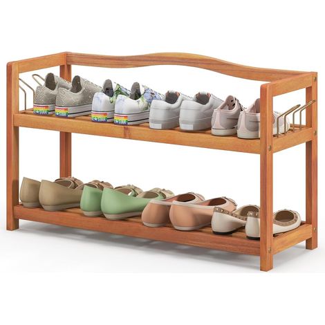 GOPLUS Etagere Chaussure à 2 Niveaux, 74 x 26 x 42 CM, Porte-Chaussures en Bois d'Acacia avec 4 Crochet Métallique Latéraux, Capacité 20 KG par Niveau, Meuble de Rangement pour Entrée, Salon, Chambre (1/5)
