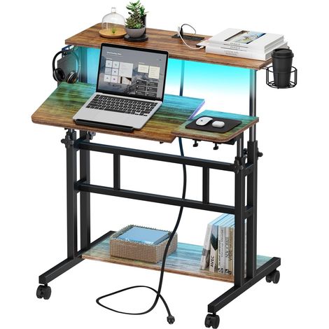 Dripex Bureau debout réglable en hauteur avec prises, bureau assis-debout avec roulettes, plateau inclinable, 80 x 60 cm, pour ordinateur portable, station de travail, Marron Vintage (1/5)